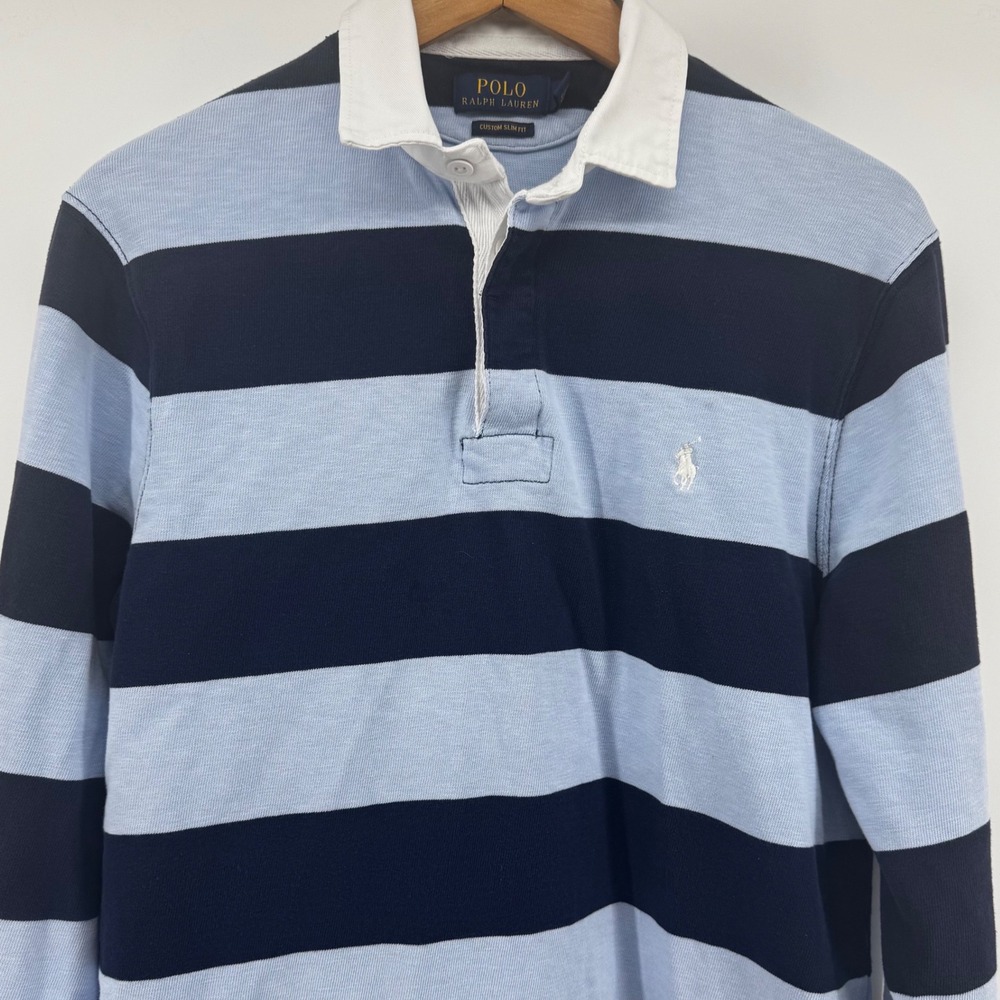 Polo Ralph Lauren Mens Custom Slim Fit Rugby Shirt Navy Blue Striped Size M - Picture 3 of 8